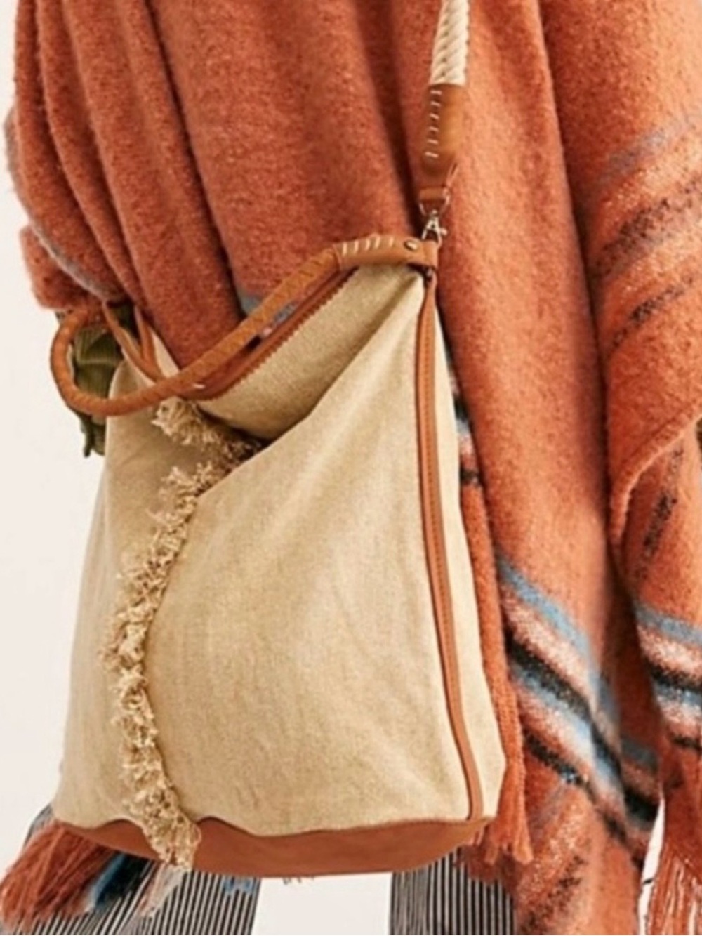 Free People Wilhelmina Natural Canvas Shoulder Crossbody Boho Leather